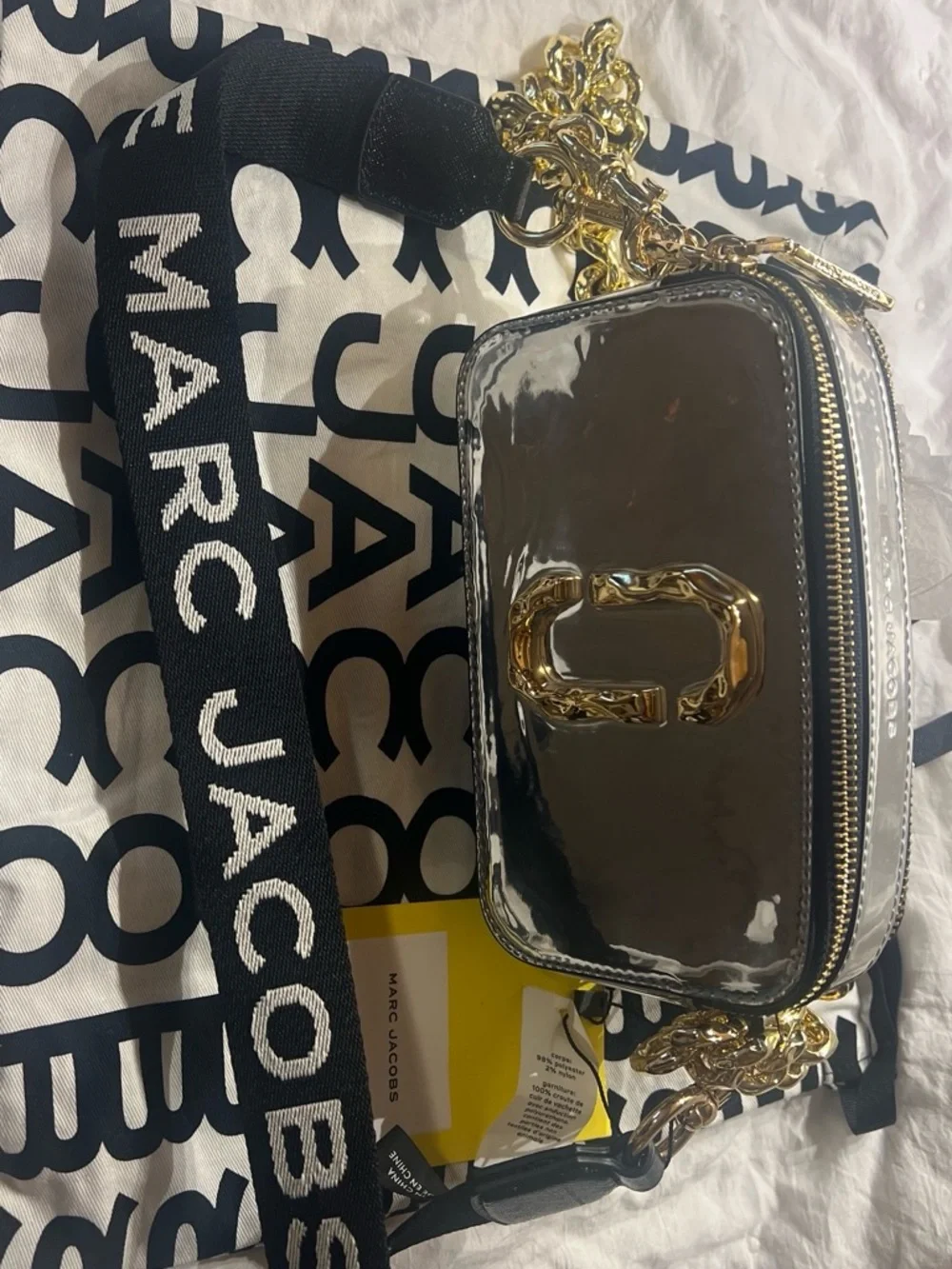 Marc Jacobs Silver Metallic Camera Crossbody with Gold Chain Accents